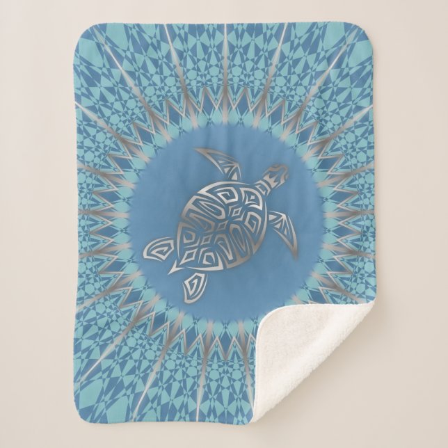 Silver Blue Sea Turtle And Mandala Sherpa Blanket (Front)
