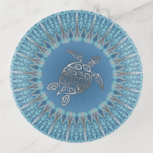 Silver Blue Sea Turtle And Mandala Trinket Tray
