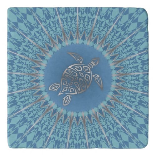 Silver Blue Sea Turtle And Mandala Trivet