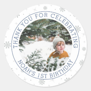Silver & Blue Snowflake   1st Birthday Party Photo Classic Round Sticker