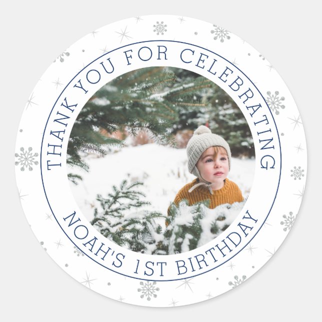 Silver & Blue Snowflake | 1st Birthday Party Photo Classic Round Sticker (Front)