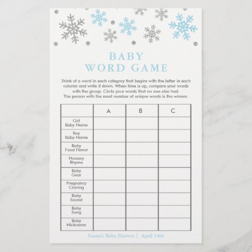 Silver_Blue Snowflake Baby Shower Word Game Card
