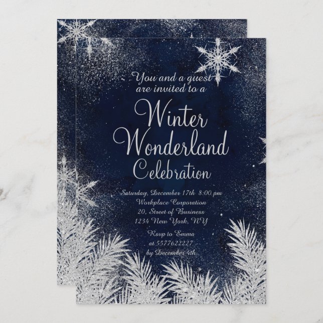 Silver blue snowflake corporate winter wonderland2 invitation (Front/Back)