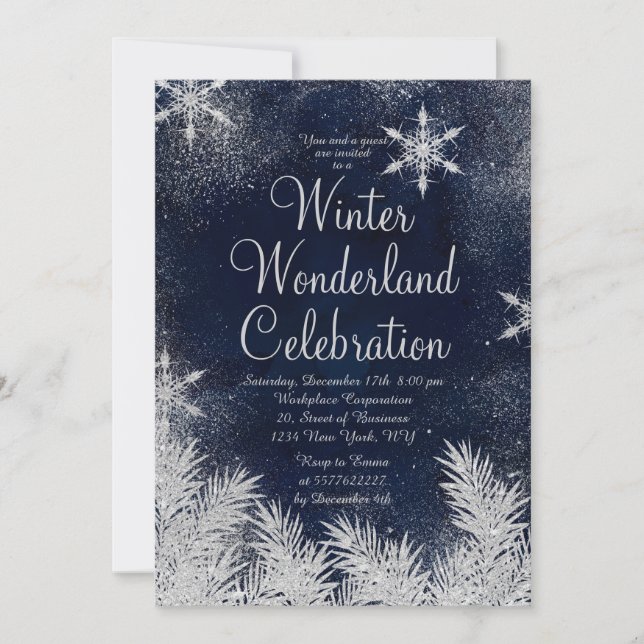 Silver blue snowflake corporate winter wonderland invitation (Front)