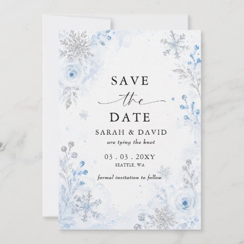 Silver Blue Snowflake Floral Winter Wedding Photo Save The Date