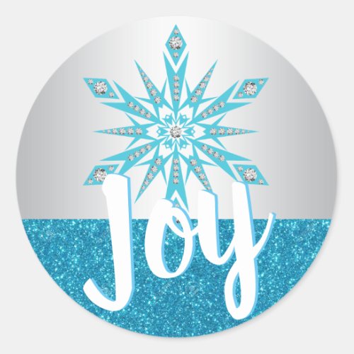 Silver Blue Snowflake JOY Holiday Christmas Classic Round Sticker