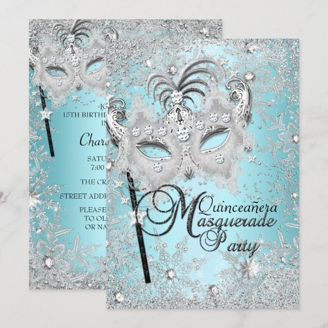 Silver Blue Snowflake Mask Masquerade Quinceanera Invitation (Front/Back)