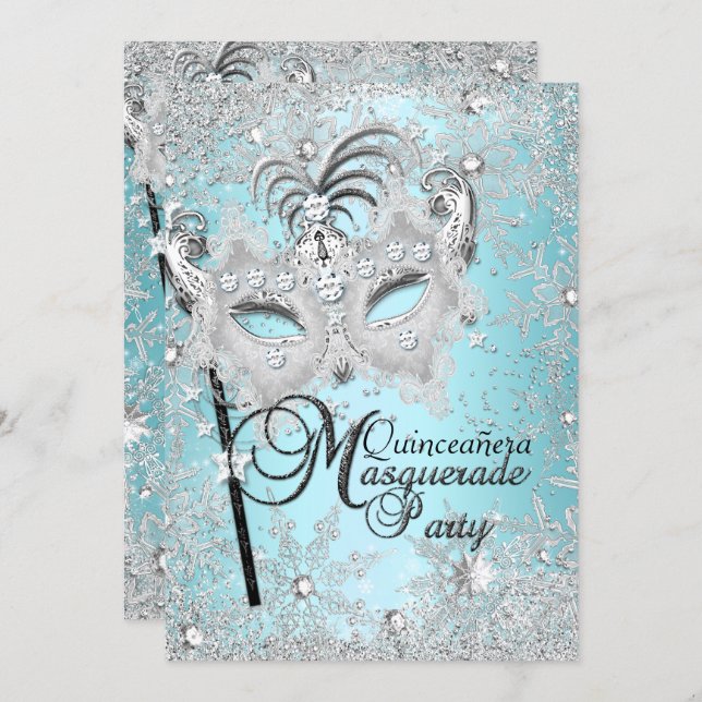 Silver Blue Snowflake Mask Masquerade Quinceanera Invitation (Front/Back)