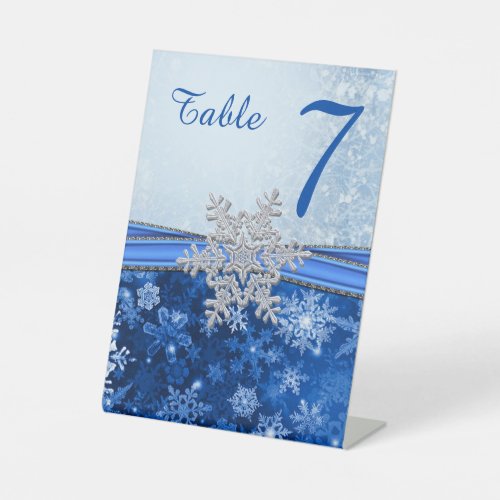 Silver Blue Snowflake on Blue Table Number Pedestal Sign
