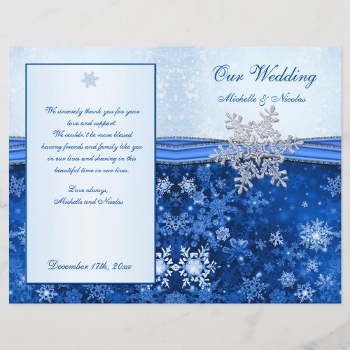 Silver blue snowflake on blue Wedding Program