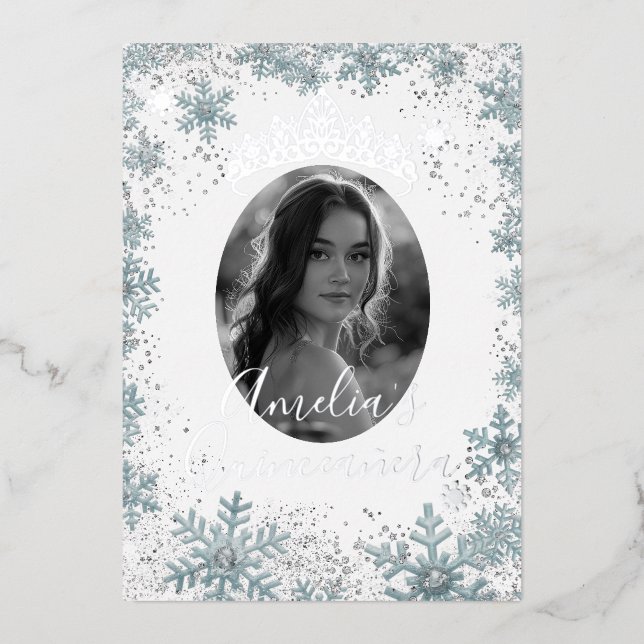 Silver Blue Snowflake Photo Quinceanera  Foil Invitation (Front)