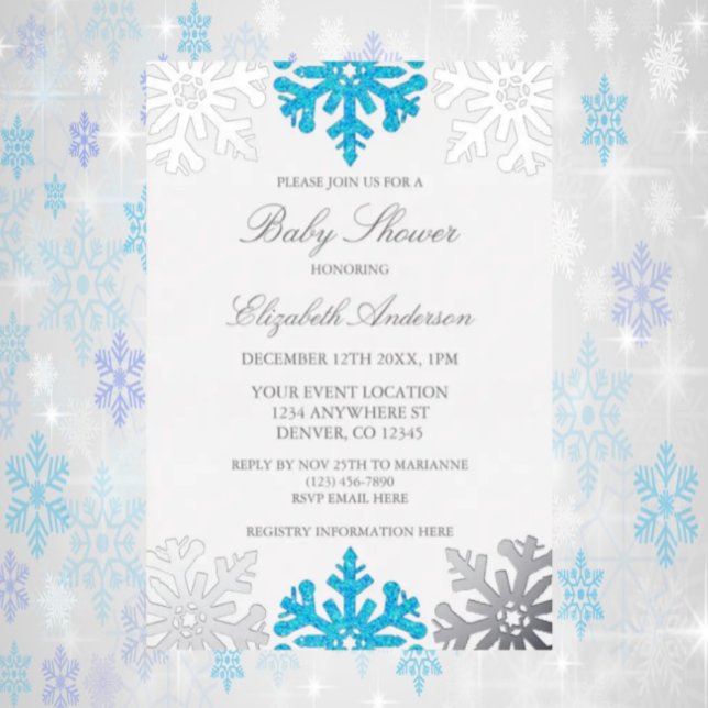 Silver Blue Snowflake Winter Baby Shower Foil Invitation (Creator Uploaded)