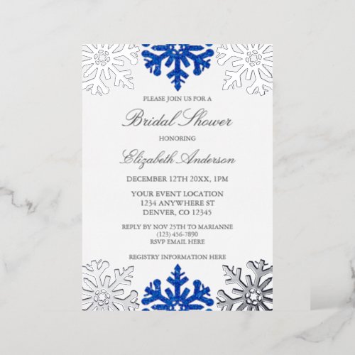Silver Blue Snowflake Winter Bridal Shower Foil Invitation