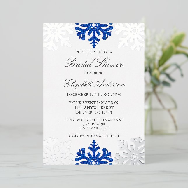 Silver Blue Snowflake Winter Bridal Shower Foil Invitation (Standing Front)