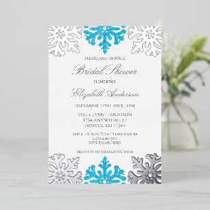 Silver Blue Snowflake Winter Bridal Shower Foil Invitation
