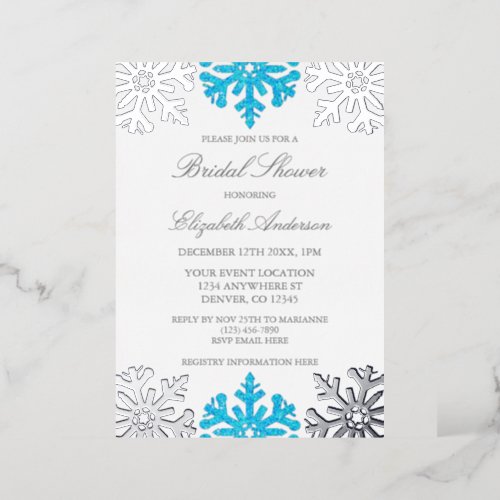 Silver Blue Snowflake Winter Bridal Shower Foil Invitation