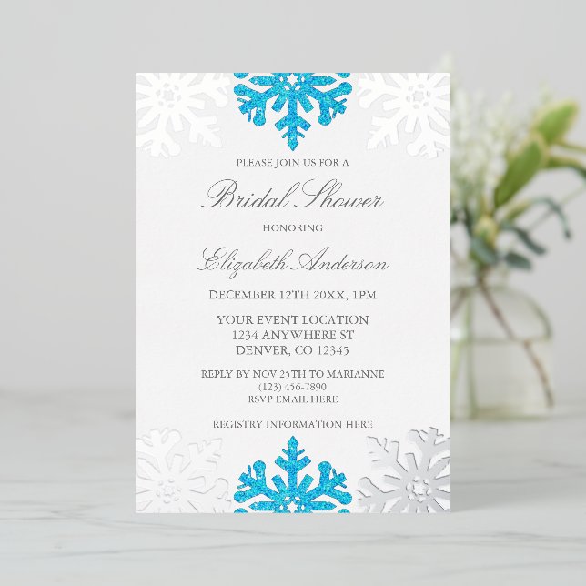 Silver Blue Snowflake Winter Bridal Shower Foil Invitation (Standing Front)