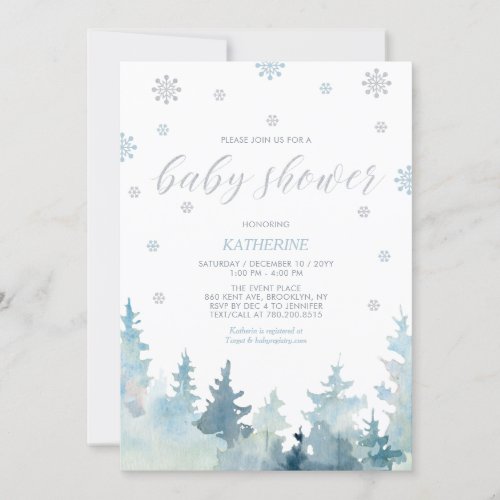 Silver  Blue Snowflake Winter Forest Baby Shower Invitation