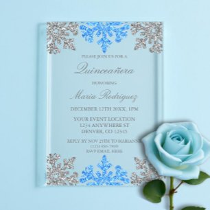 Silver Blue Snowflake Winter Quinceanera Acrylic Invitations