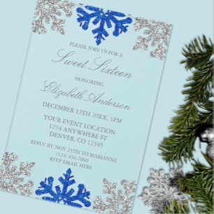 Silver Blue Snowflake Winter Sweet 16 Acrylic Invitations