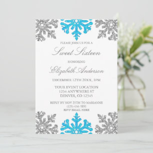 Silver Blue Snowflake Winter Sweet 16 Invitation