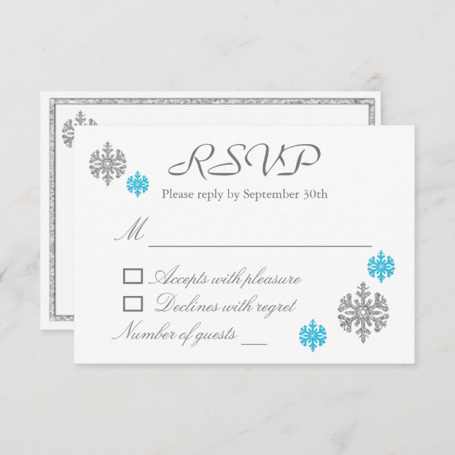 Silver Blue Snowflake Winter Wedding RSVP Card (Front/Back)