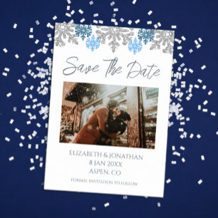 Silver Blue Snowflake Winter Wedding Save The Date Letterpress Photo Cards