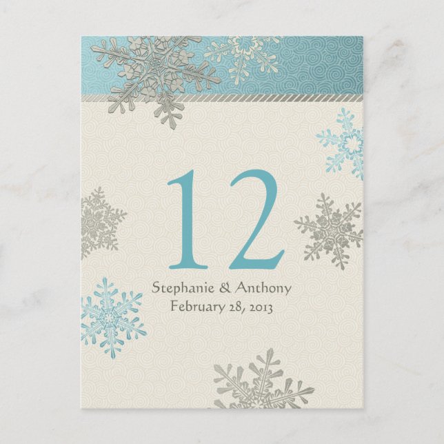 Silver Blue Snowflake Winter Wedding Table Card (Front)