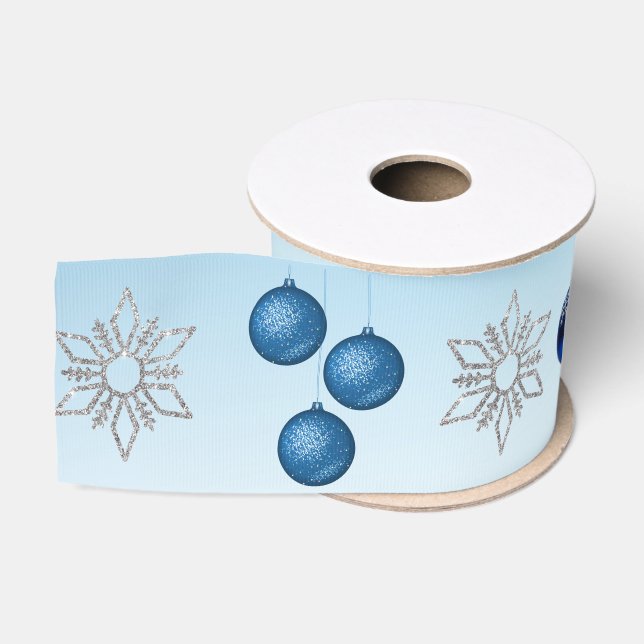 Silver & blue snowflakes and ornaments Christmas Grosgrain Ribbon (Spool)