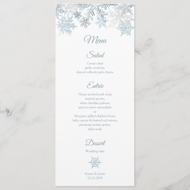 Silver Blue Snowflakes Elegant Winter Christmas Menu (Front)