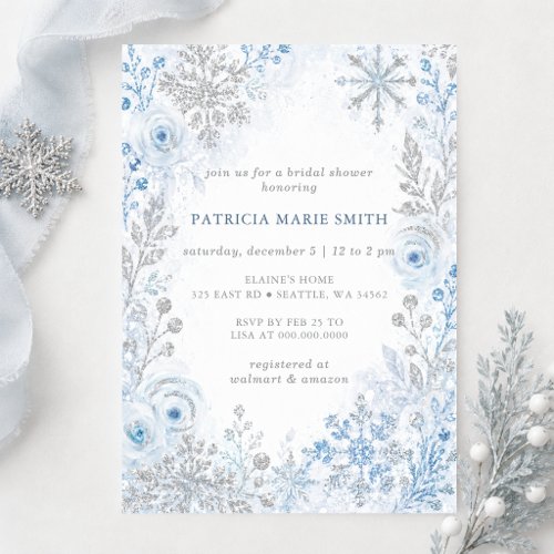 Silver Blue Snowflakes Floral Winter Bridal Shower Invitation