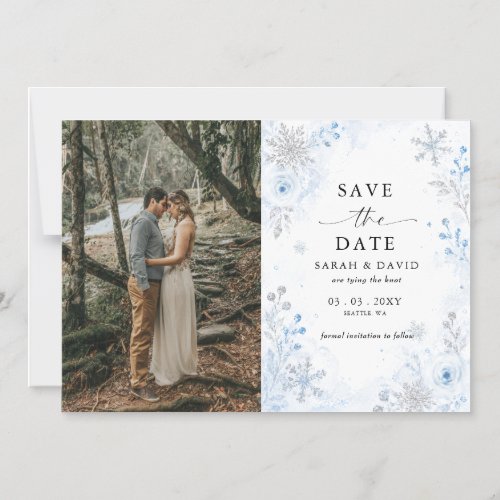 Silver Blue Snowflakes Floral Winter Save the Date Magnetic Invitation