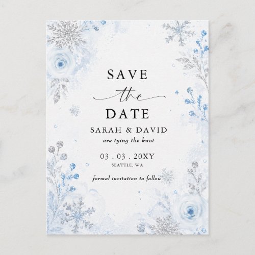 Silver Blue Snowflakes Floral Winter Wedding Announcement Postcard