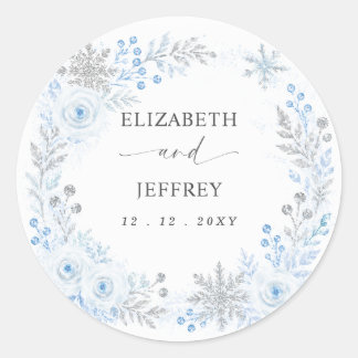 Silver Blue Snowflakes Floral Winter Wedding Classic Round Sticker