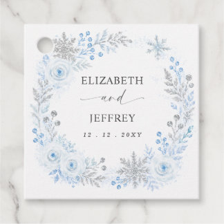 Silver Blue Snowflakes Floral Winter Wedding Favor Tags