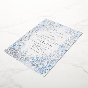 Silver Blue Snowflakes Floral Winter Wedding Foil Invitation