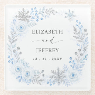 Silver Blue Snowflakes Floral Winter Wedding Glass Coaster