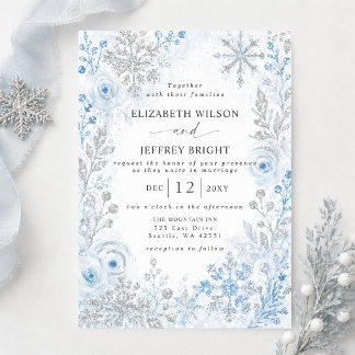 Silver Blue Snowflakes Floral Winter Wedding Invitation