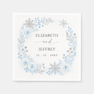 Silver Blue Snowflakes Floral Winter Wedding Napkins