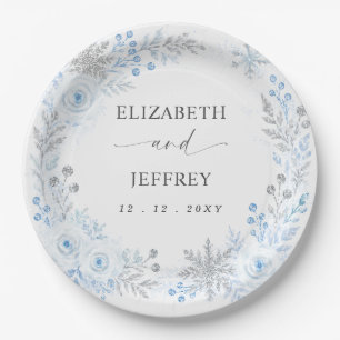 Silver Blue Snowflakes Floral Winter Wedding Paper Plates