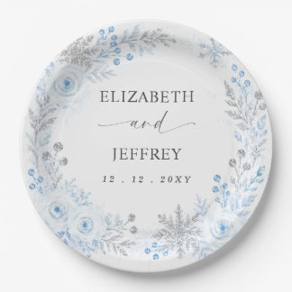 Silver Blue Snowflakes Floral Winter Wedding Paper Plates