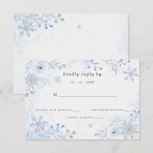 Silver Blue Snowflakes Floral Winter Wedding RSVP Card