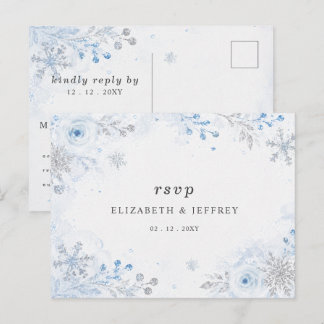 Silver Blue Snowflakes Floral Winter Wedding RSVP Postcard