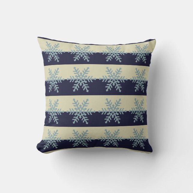 Silver Blue Snowflakes on Striped Holiday Pillow (Front)