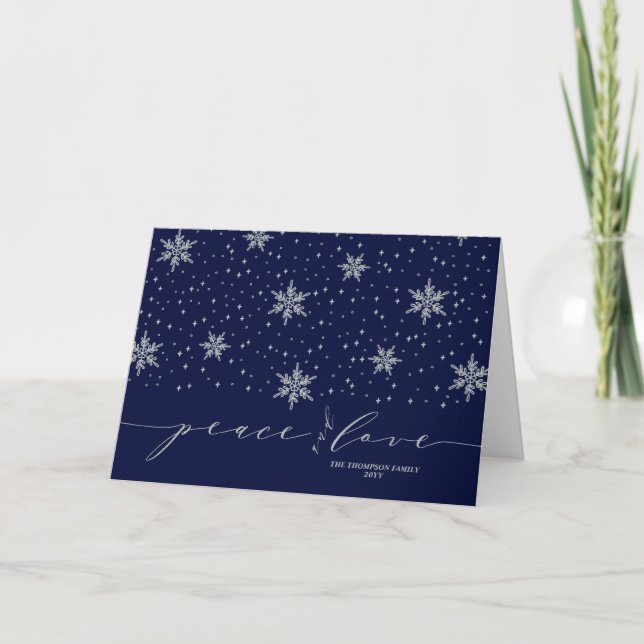 Silver & Blue Snowflakes Peace & Love Christmas Holiday Card (Front)