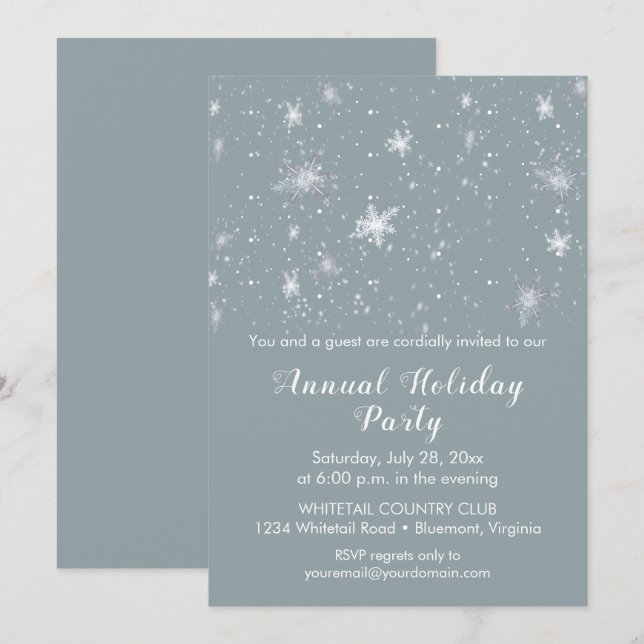 Silver Blue Snowflakes Snow Christmas Party Invitation (Front/Back)