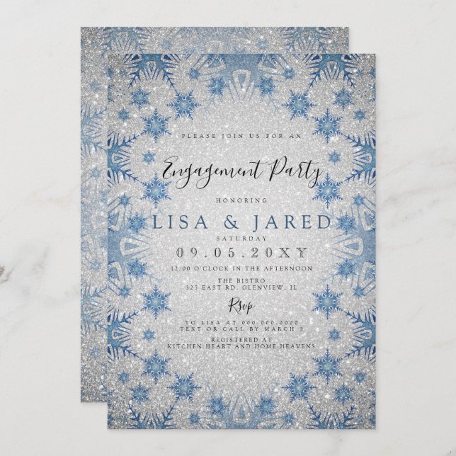 Silver Blue Snowflakes Winter Engagement Party Invitation (Front/Back)