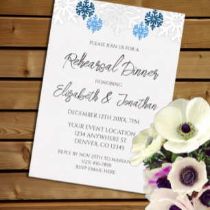Silver Blue Snowflakes Winter Rehearsal Dinner Foil Invitation