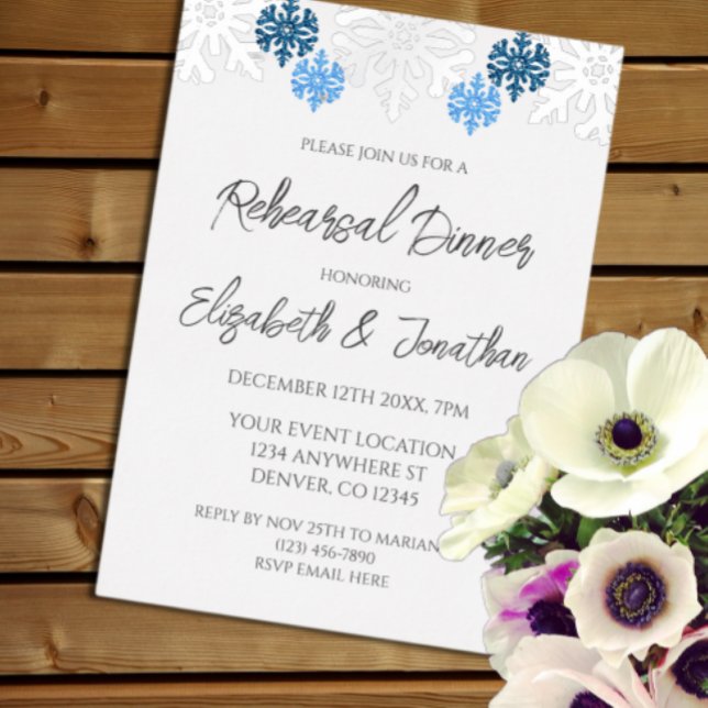 Silver Blue Snowflakes Winter Rehearsal Dinner Foil Invitation (Creator Uploaded)