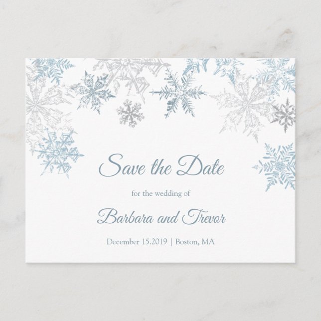 Silver Blue Snowflakes Winter Save the Date Announcement Postcard (Front)